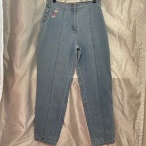 Plus y2k Butterfly Embroidered High Waisted Tapered Straight Leg Denim Blue Jean